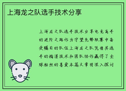 上海龙之队选手技术分享
