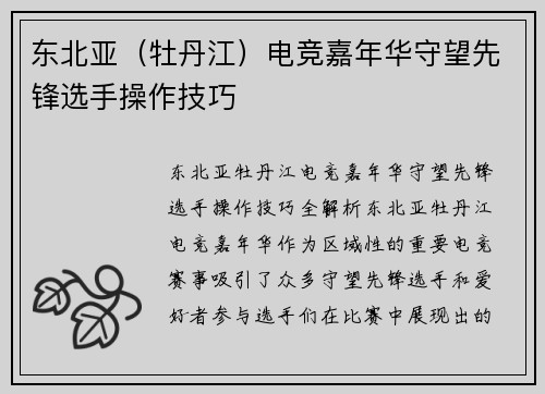 东北亚（牡丹江）电竞嘉年华守望先锋选手操作技巧