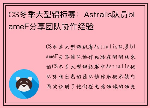 CS冬季大型锦标赛：Astralis队员blameF分享团队协作经验